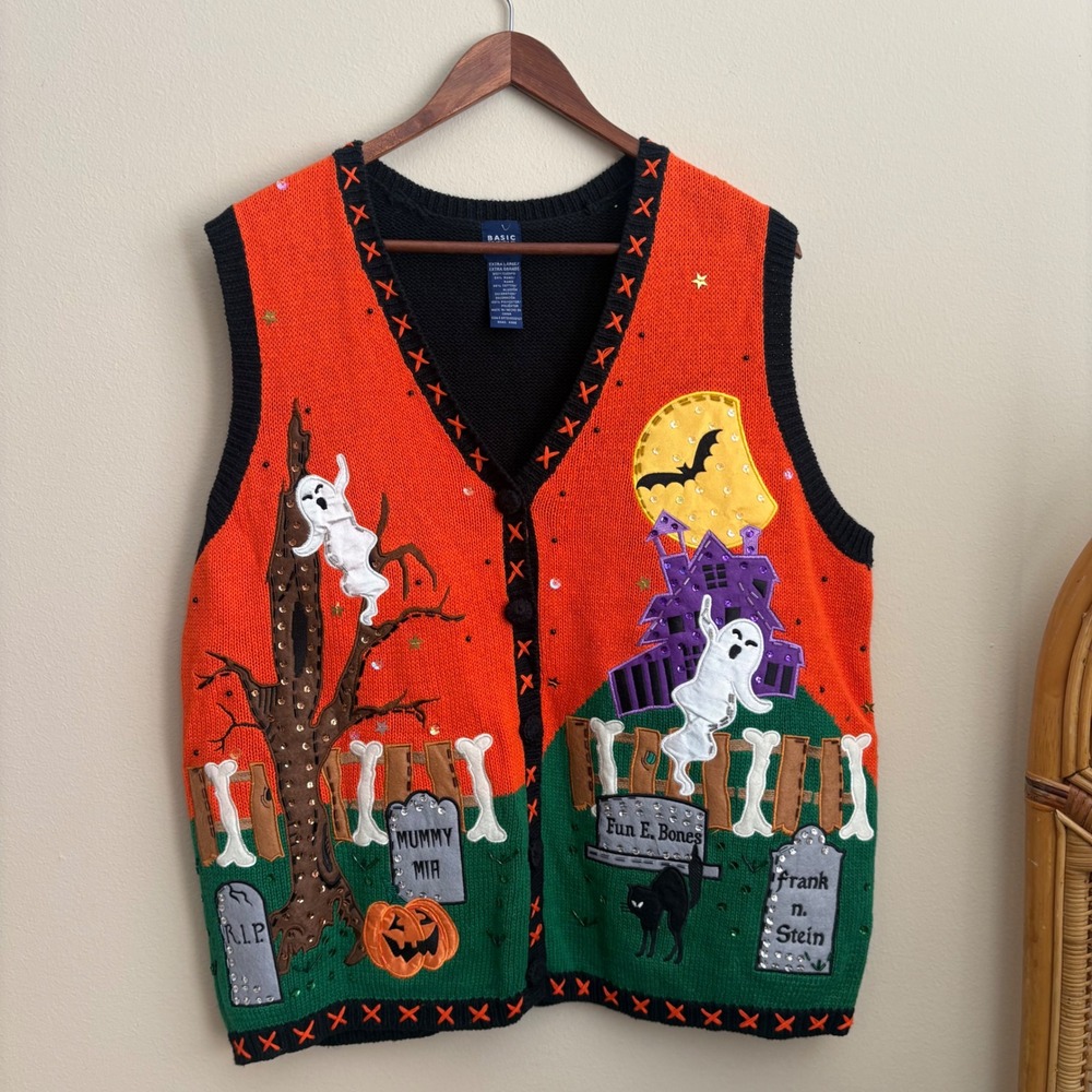 Vtg Y2K Basic Editions Holiday Halloween Embroidered Ghost Pumpkin Sweater Vest